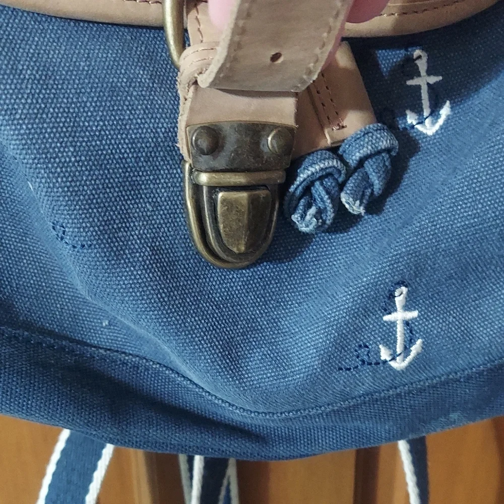 L.L. Bean Vintage Canvas & Leather Backpack Small Anchor Pattern Nautical Boho - Picture 3 of 13